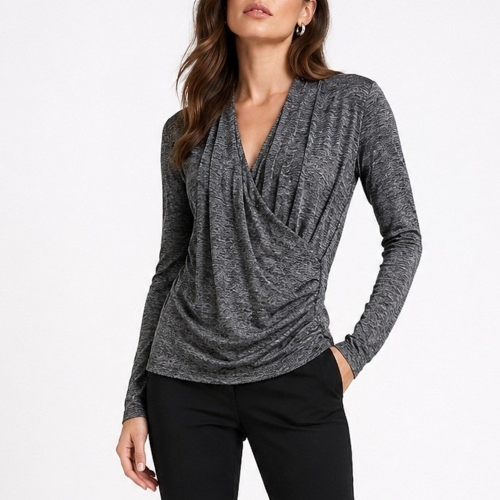 White House‎ Black Market Black Gray Space Dye Surplice Ruched Top XS